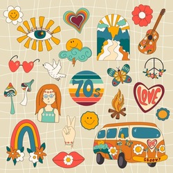 Vector Set 1970s Good Vibe Groovy Elements. Cute Retro Hippie And Psychedelic Stickers Clipart