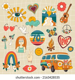 Vector set 1970s good vibe groovy elements. Cute retro hippie and psychedelic stickers clipart