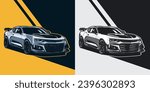 Vector set of 2 american muscle car on color and gray-scale with hand drawn style by pxlgraph. Perfect for background, poster, t-shirt design, and wallpaper.