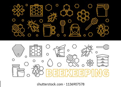 Vector set of 2 beekeeping outline horizontal banners. Honey and beekeeping concept illustrations in thin line style