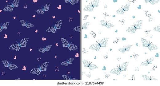 Vector set of 2 blue white artistic line art butterflies hearts seamless patterns. Great for fashion fabric, textile, scrapbooking, wrapping and more