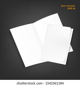Vector set of 2 booklets - open and fold. Empty bifold papers on grey background. It can be used as a mock up, templates and backgrounds for your own projects. EPS 10 file.