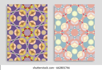 Vector set of 2 colorful patterns size a4. Decorative geometric backgrounds, graphic texture for textile fabric or paper print. Tribal ethnic arabic, indian, turkish, ottoman ornament