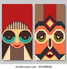 Vector set of 2 hipster card: 1st-hippie with aviator sunglasses, 2nd-funny ethnic man. Modern graphic-material design. For background, phone cover, banner, ads, greeting card, gift tag, poster, etc. 