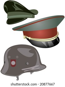 VECTOR Set of 2 Military Hats and one Helmet.