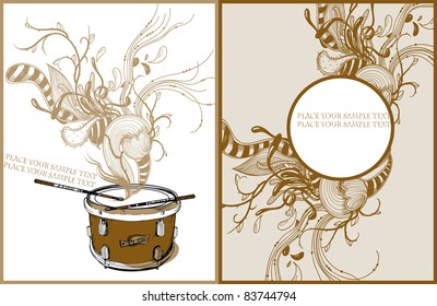vector set of 2 music cards with a drum and abstract plants