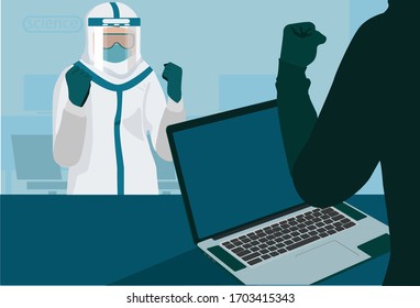 Vector set of 2 scientists, happy to think of a successful virus treatment Has a neck screen for wearing text