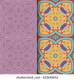 Vector set of 2 seamless geometric borders patterns. Colorful and monochrome seamless backgrounds. Graphic endless texture for textile or paper print. Tribal ethnic arabic, indian, ottoman ornament