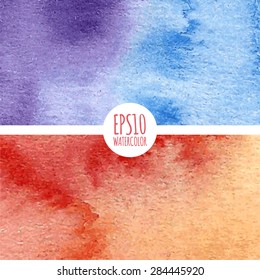 Vector set of 2 watercolor gradient abstract backgrounds in pink, orange, red, blue and violet colors. Vector illustration EPS10.
