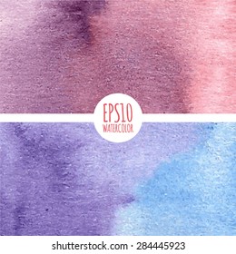 Vector set of 2 watercolor gradient abstract backgrounds in vintage pink, blue and violet colors. Vector illustration EPS10.