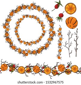 Vector set of 2 wreaths, seamless brush and elements such as tangerines, branches, berries. Christmas, New Year concept. For the design of postcards, walls, fabrics.