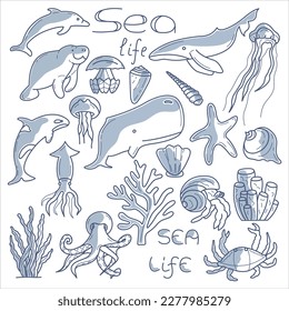 Vector set of 20 blue line illustrations of sea life creatures. 