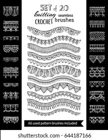 Vector set of 20 crochet patterns for borders, edgings and trims. Sketch seamless knitting brushes. All used pattern brushes included.