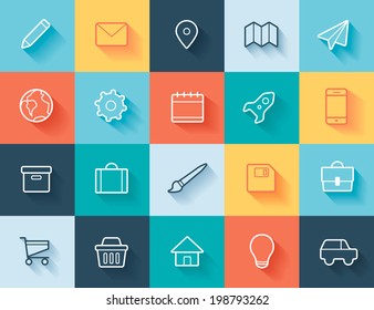 Vector set of 20 flat business, travel, shopping icons with long shadow