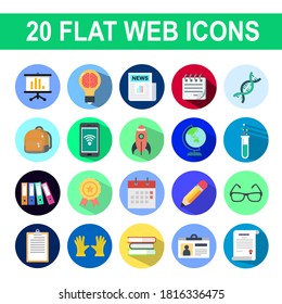 Vector set of 20 flat web icons with long shadow on themes of science, office, and education.