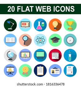 Vector set of 20 flat web icons with long shadow on themes of science, office, and education.