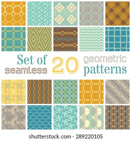Vector set of 20 geometric seamless patterns. Pattern swatches. All boundless backgrounds are included in swatches palette. 