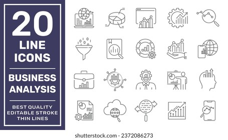 Vector set of 20 icons related to business analysis, progress and business processing. Line pictograms and infographics design elements. Editable Stroke. EPS 10