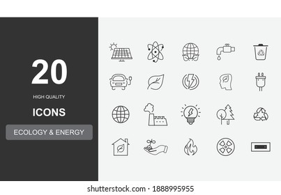 Conjunto de vectores de 20 íconos y señalización en estilo mono-línea - conceptos relacionados con la ecología y el medio ambiente, pensamiento verde y cuidado del planeta y la naturaleza
