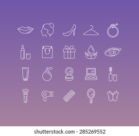 Vector set of 20 icons and sign in mono line style - concepts related to beauty, fashion and cosmetics, female themed pictograms
