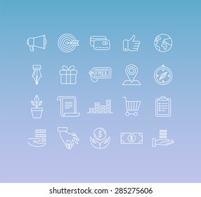 Vector set of 20 icons and sign in mono line style - concepts related online shopping and marketing, e-commerce and business pictograms