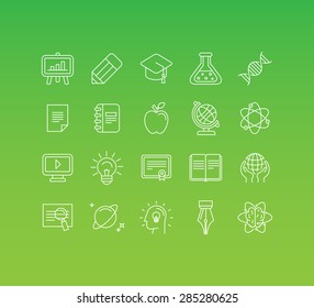Vector set of 20 icons and sign in mono line style - concepts related to online education and science studies, knowledge and courses
