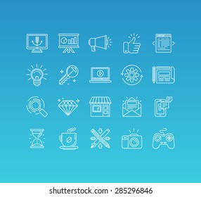 Vector set of 20 icons and sign in mono line style - concepts related to graphic design, online marketing, branding and website development, internet business pictograms
