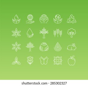Vector set of 20 icons and sign in mono line style - concepts related to ecology and environment, thinking green and caring about the planet and nature