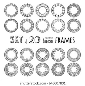 Vector set of 20 lace crochet round frames. Sketch filet crochet patterns. Decorations for scrapbook isolated on white background.
