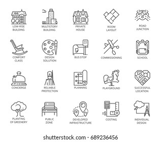 Vector set of 20 linear icons of city infrastructure. Pictogram in linear style for advertising and real estate projects, designation of public areas. Graphic contour logo isolated on white background