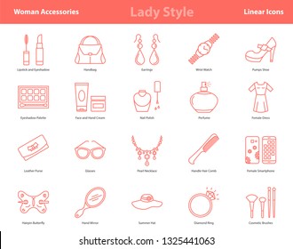 Vector set of 20 linear outline icons of woman accessories - lady style items. Pictographs of cosmetics, jewelry, hygiene items, clothing, shoes and other womens necessities