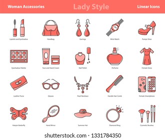 Vector set of 20 linear outline icons of woman accessories - lady style items. Pictographs of cosmetics, jewelry, hygiene items, clothing, shoes and other womens necessities with coral red color