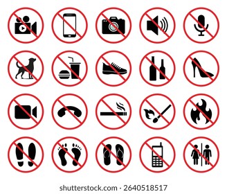 Vector set of 20 prohibition icons in red circles showing banned items or actions like camera, phone, food, pets, smoking, fire, loud noise, high heels, and more. Isolated on white background.