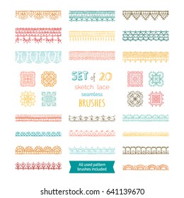 Vector set of 20 sketch lace seamless brushes. Knitted crochet edging patterns and borders isolated on white background. All used pattern brushes included.