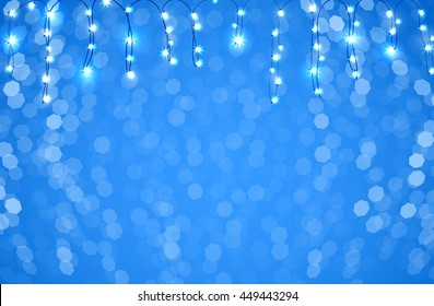 Vector set 2017 Marry Christmas other holidays garlands light transparent blue background with lights blur. Merry Christmas decoration electric lights blurred. Winter blue bokeh backdrop.