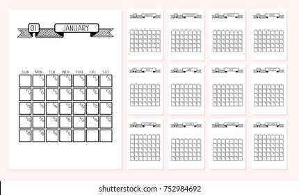 Vector Set of 2018 new year calendar in clean minimal simple style. Bullet journal elements. Handwritten months, numbers with pink background.