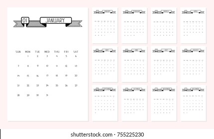 Vector Set of 2018 new year calendar in clean minimal simple style. Bullet journal elements. Handwritten months, numbers with pink background.