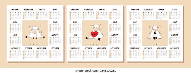 Vector set of 2021 calendars. Square format design. Calendar with happy smiling new year white ox, bull, cow. Pocket, desk, or wall calender template. Week starts on Sunday. Creative drawn font