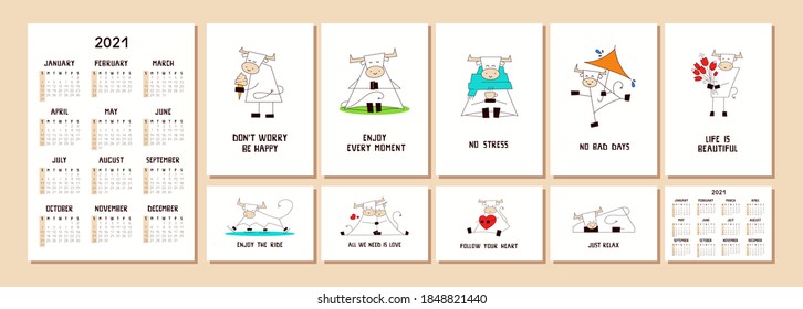 Vector set of 2021 pocket calendars. Chinese New Year symbol. Happy smiling white ox, bull, cow. Week starts on Sunday. Creative drawn font. Lettering phrase. Calendar design concept