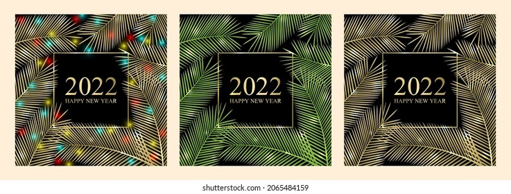Vector set 2022 Happy New Year. Tropical card for your design. Branches of a palm tree with a Christmas garland. 