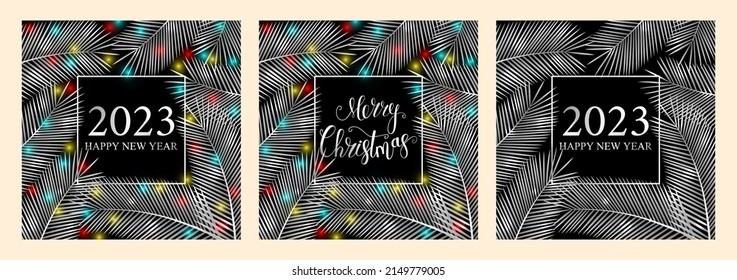 Vector set 2023 Happy New Year. Tropical card, calendar, invitation, holiday background.