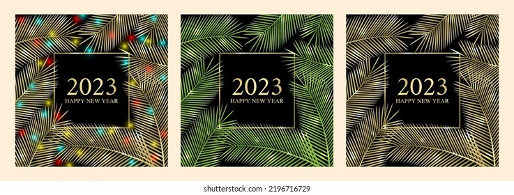 Vector Set 2023 Happy New Year. Tropical Card For Your Design. Branches Of A Palm Tree With A Christmas Garland. 