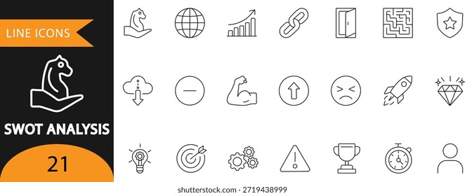 A vector set of 21 SWOT analysis line icons featuring strength, weakness, opportunity, threat, growth, risk, and strategy symbols. Ideal for business strategy presentations, competitive analysis infographics, reports, and educational materials.
