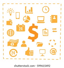 Vector set of 22 flat web icons on following themes - SEO and development, creative process, business and finance, office and business.