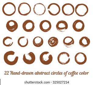 Vector set from 22 hand-drawn abstract ink circles of coffee color