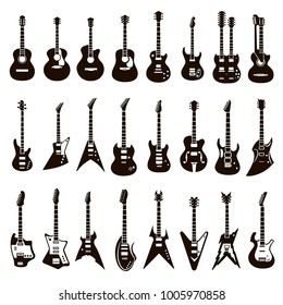 Vector set of 24 black guitar icons on a white background