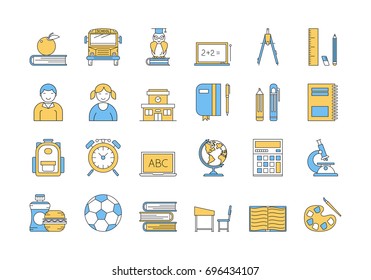 Vector set of 24 colored linear outline icons. School education isolated pictographs. Boy and girl, supplies for study and learning