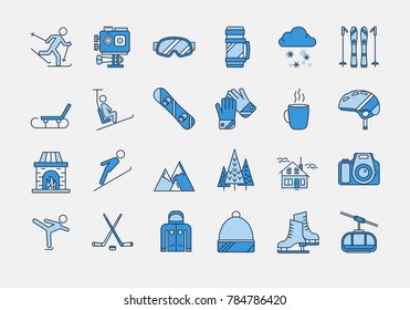 Vector set of 24 colored linear outline icons. Winter rest, sports, tourism and outdoor activities. Snowboard, skier, figure skating, action camera, mountains and house for vacations