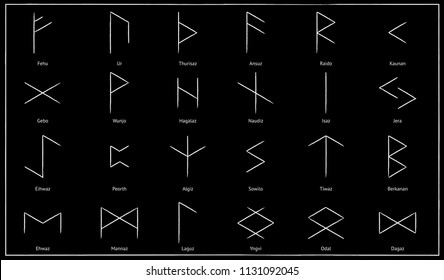 Vector set of 24 elder futhark runes on black background