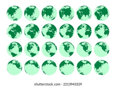 Conjunto de vectores de 24 globos que muestran una visión isométrica detallada de la rotación de la Tierra en una hora. Rotación 15 grados. Vista del Polo Norte.